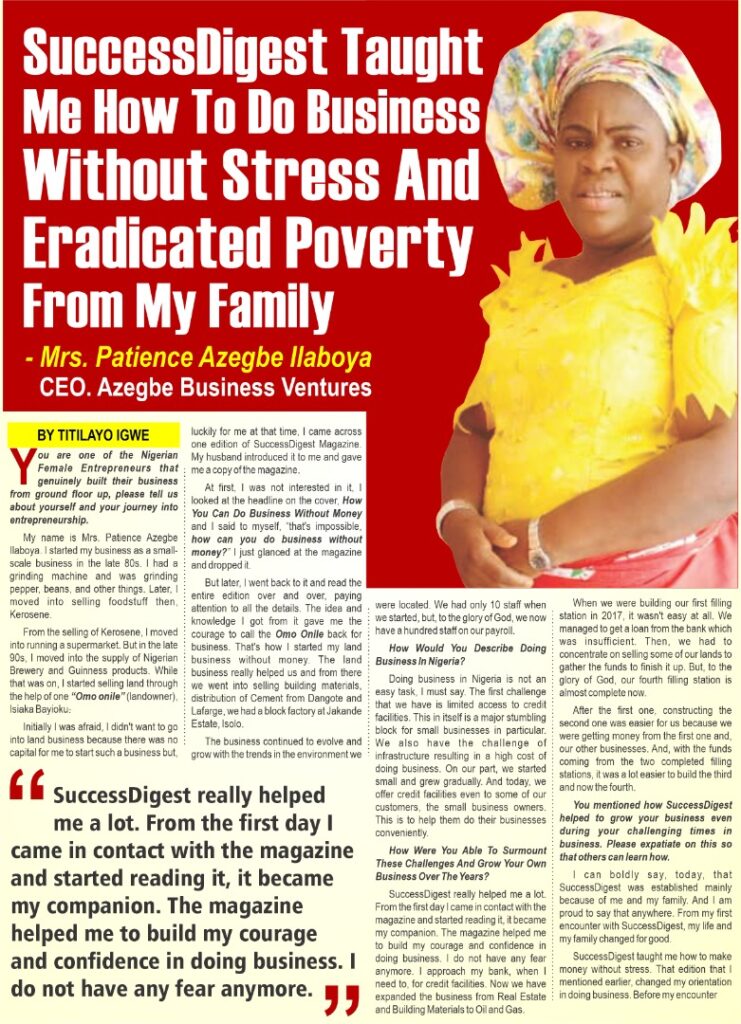 Mrs. Patience Ilaboya’s Story: SuccessDigest Taught Me How To Do Business Without Stress And Eradicated Poverty From My Family.